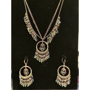 Vintage Joan Collin’s Gold Tone Necklace 3 Strand Chain Pastel Rhinestones Beads